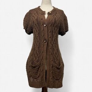 Y2K Charter Club Brown Cable Knit Cardigan Button Up Womens M Cottage Boho
